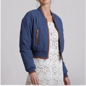 7 For All Mankind Quilted Blue Bomber Jacket with Brown Trim
